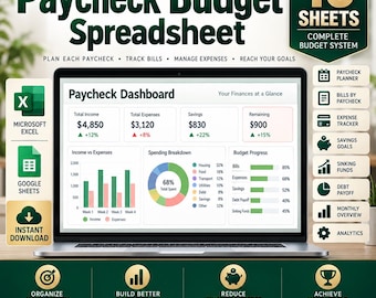 Paycheck Budget Spreadsheet, paycheck budget, budget planner, 13-Sheet Excel Google Sheets System (Digital Download)