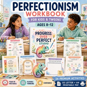 Pode incluir: Um caderno de exercícios sobre perfeccionismo para crianças e pré-adolescentes intitulado Progress Over Perfect Studio com uma ilustração de um camaleão colorido. Inclui folhas de atividades como Body Clue Map e Progress Challenge.