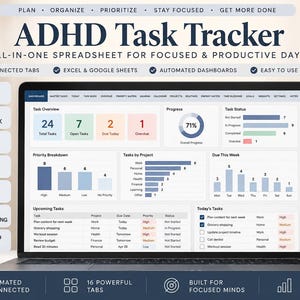 May include: A laptop screen displaying an ADHD Task Tracker spreadsheet with a dashboard showing task overview, progress, and status. The interface includes tabs for master tasks, priority matrix, and calendar, with Excel and Google Sheets icons.