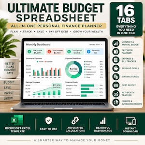 May include: A laptop displaying an Ultimate Budget Spreadsheet with 16 tabs, featuring a monthly dashboard, income versus expense charts, savings progress, and financial goals. The interface includes automated calculations and a Microsoft Excel template.