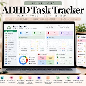 Peut inclure: Un outil de suivi des tâches TDAH numérique affiché sur un écran d'ordinateur portable et de tablette. L'interface présente un tableau de bord avec des listes de tâches, une matrice de priorité et des sections d'énergie. Texte : ADHD TASK TRACKER.