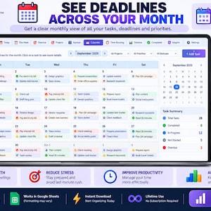 May include: A digital calendar interface displayed on a screen, featuring a monthly task view for September 2025. The layout includes a grid with daily task entries, a sidebar with a task summary, and text labels like SEE DEADLINES ACROSS YOUR MONTH.