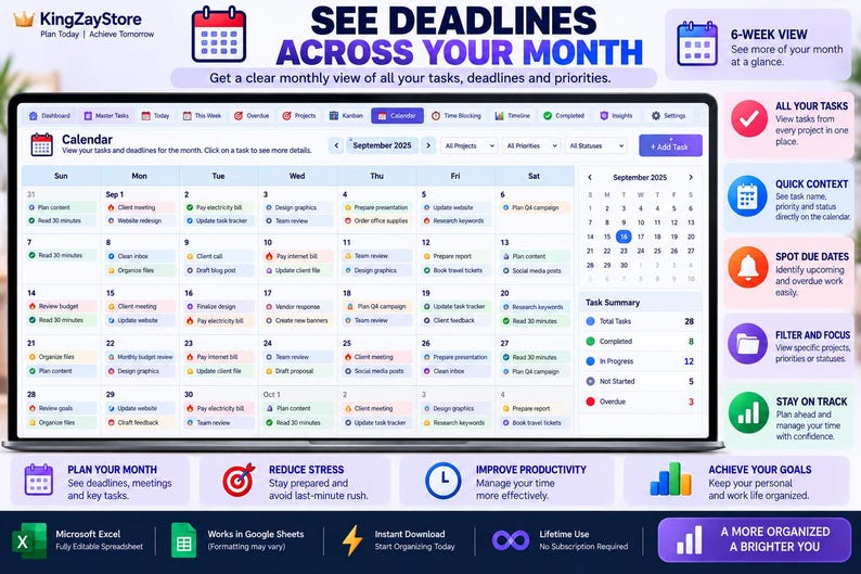 May include: A digital calendar interface displayed on a screen, featuring a monthly task view for September 2025. The layout includes a grid with daily task entries, a sidebar with a task summary, and text labels like SEE DEADLINES ACROSS YOUR MONTH.
