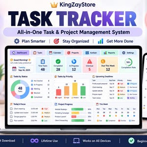 May include: A digital task tracker dashboard displayed on a laptop and smartphone screen. The interface features charts, calendars, and project management tools with text including Task Tracker, All-in-One Task & Project Management System.