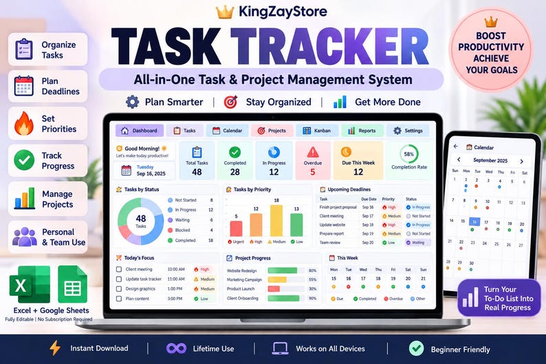 May include: A digital task tracker dashboard displayed on a laptop and smartphone screen. The interface features charts, calendars, and project management tools with text including Task Tracker, All-in-One Task & Project Management System.