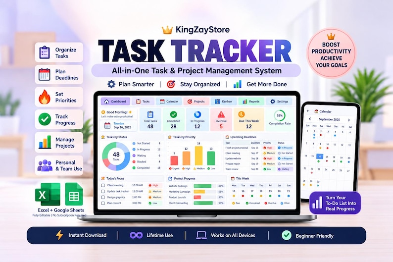 Task Tracker, All-in-One Task Tracker Spreadsheet, Project Management System (Excel) image 1