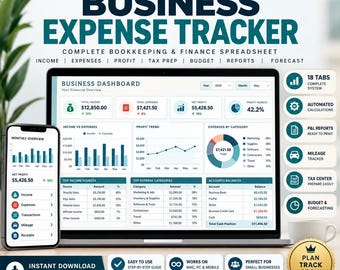 Business Expense Tracker, Bookkeeping Spreadsheet, Income & Profit Reports (Excel)