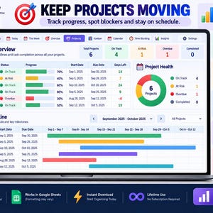 May include: A digital project management dashboard displayed on a laptop screen, featuring a project overview table, a project health donut chart, and a project timeline. The interface includes text labels like KEEP PROJECTS MOVING and various status indicators for tracking tasks, deadlines, and progress in a professional spreadsheet format.
