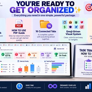 May include: A digital task tracker dashboard displayed on a laptop screen, featuring colorful charts, task status overviews, and project metrics. Beside the laptop is a printed guide titled Task Tracker How to Use PDF Guide with a checklist icon.