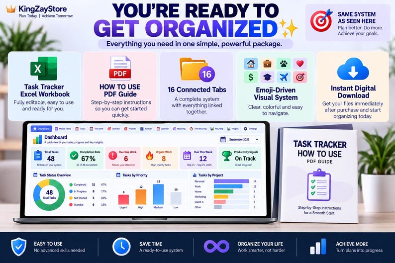 May include: A digital task tracker dashboard displayed on a laptop screen, featuring colorful charts, task status overviews, and project metrics. Beside the laptop is a printed guide titled Task Tracker How to Use PDF Guide with a checklist icon.