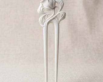 Art Nouveau rozenknop haarspeld - witte hars botanische haarspeld, romantische cottagecore opsteekkam, feeën-elf cosplay, fijne haarclip
