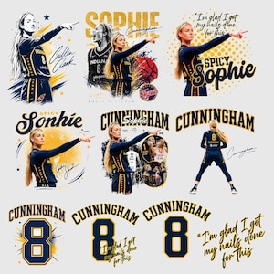 Op de afbeelding: Een verzameling grafische ontwerpen met basketbalspeler Sophie Cunningham in een Indiana Fever-shirt met nummer 8. Bevat teksten zoals "Spicy Sophie", "Cunningham" en "I'm glad I got my nails done for this", naast illustraties van de atleet.
