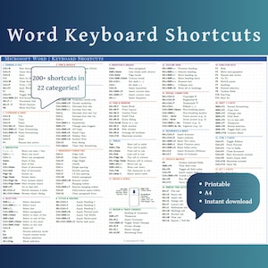 Puede incluir: Una hoja de referencia titulada Word Keyboard Shortcuts que contiene una lista completa de comandos de Microsoft Word organizados en 22 categorías. El documento incluye un cuadro con el texto 200+ shortcuts in 22 categories y otro con Printable, A4, e Instant download.