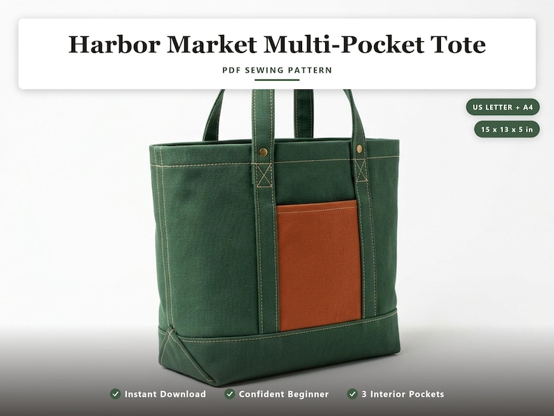 Multi Pocket Tote Bag Sewing Pattern | Canvas Tote PDF with Interior Organizer | Beginner Sewing Project | Instant Download US Letter A4 image 1