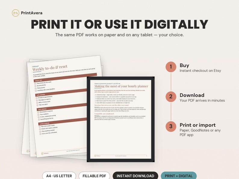 Daily Hourly Planner Printable | Undated Digital PDF for GoodNotes, A4/US Letter image 4