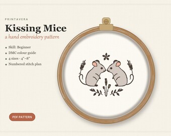 Kissing Mice Embroidery Pattern, Cottagecore Nursery Hoop Art (PDF Download)