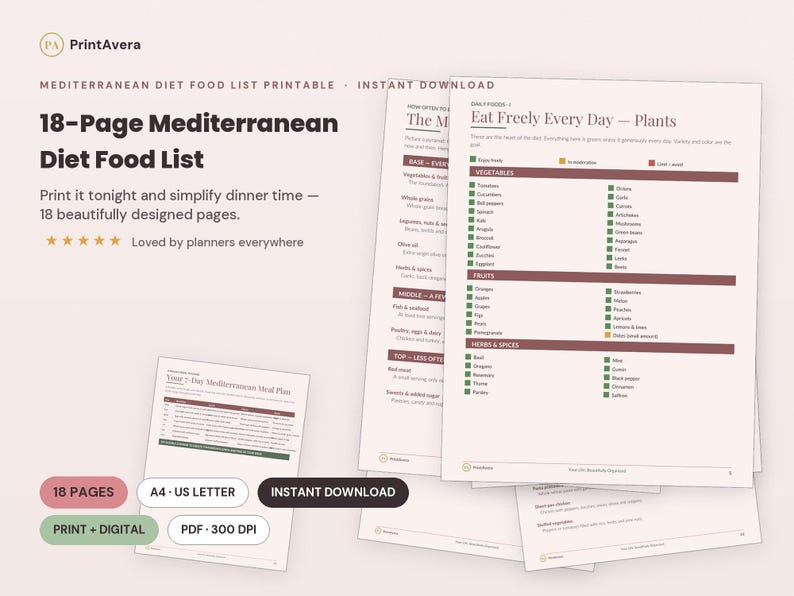 Lista de alimentos de la dieta mediterránea para imprimir / Plan de comidas saludables para el corazón (descarga en PDF) imagen 1