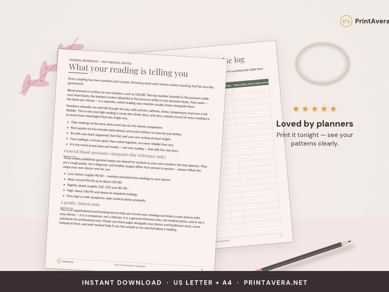 Blood Pressure Log Printable | Blood Pressure Tracker, Blood Pressure Chart, Medical Tracker, Pulse Log | A4 US Letter, Instant Download PDF image 5