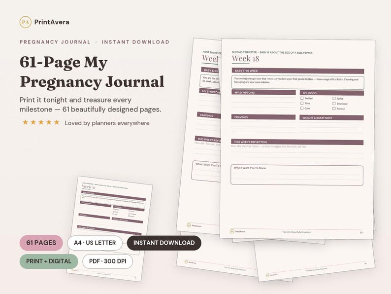 Pregnancy Journal | 61-Page Keepsake, Milestone Tracker (PDF Download) image 1