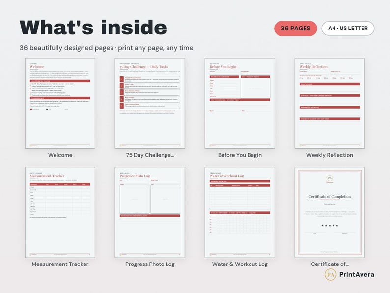 75 Hard Tracker Printable | Fitness Planner, Workout, Meal Logs (PDF Download) image 2