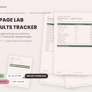 Può includere: Un documento stampabile di 27 pagine per il monitoraggio dei risultati di laboratorio, contenente una tabella di riferimento per i lipidi, moduli assicurativi e di fatturazione e note sulla salute cardiaca, con intestazioni verde scuro su carta bianca.