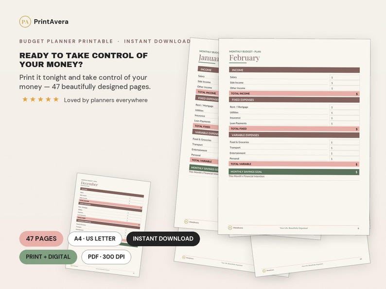 Budget Planner Printable | Expense Tracker, Savings Tracker (Digital Download) image 1
