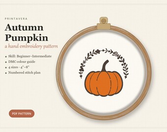 Autumn Pumpkin Embroidery Pattern, Cottagecore Fall Hoop Art (PDF Download)