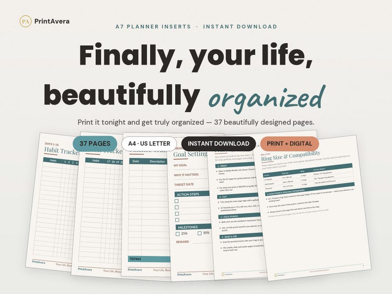 A7 Planner Inserts | Weekly, Monthly, Undated, ADHD (Digital Download) image 1