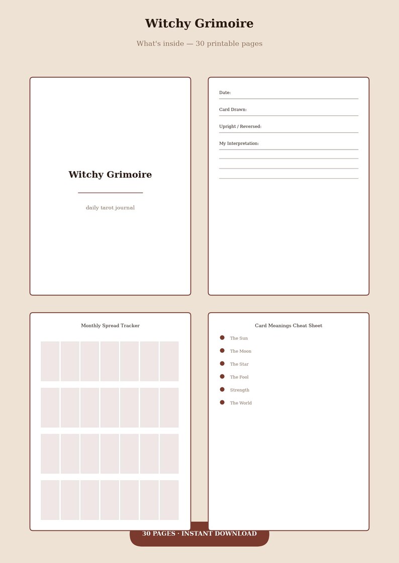 Witchy Grimoire Daily Tarot Journal Printable PDF, Book of Shadows Tarot Workbook, Cheat Sheet, Witchy Planner Pages image 2