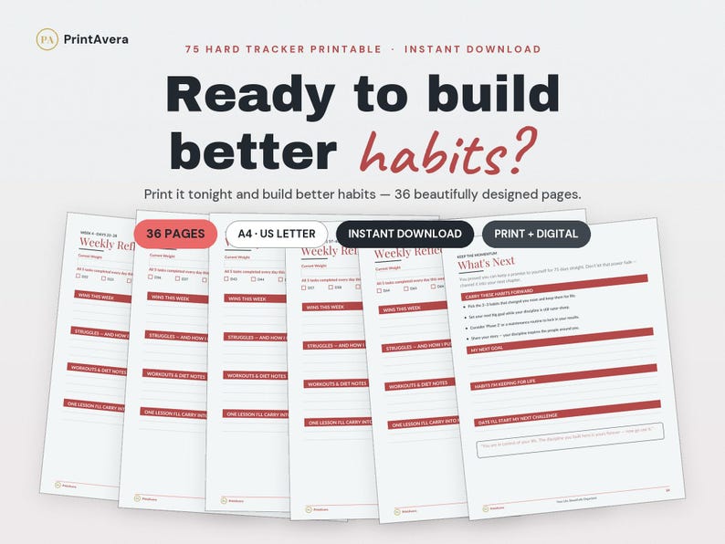75 Hard Tracker Printable | Fitness Planner, Workout, Meal Logs (PDF Download) image 1