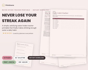 Water Intake Tracker Printable | Daily Hydration Log, Health Binder (PDF Download)