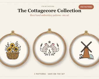 Cottagecore Embroidery Patterns Bundle, Sunflower, Mice, Windmill (PDF Download)