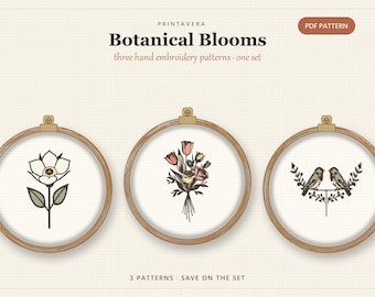 Botanical Blooms Embroidery Pattern Set, Christmas Rose, Tulip Bouquet, Love Birds (PDF Pattern)