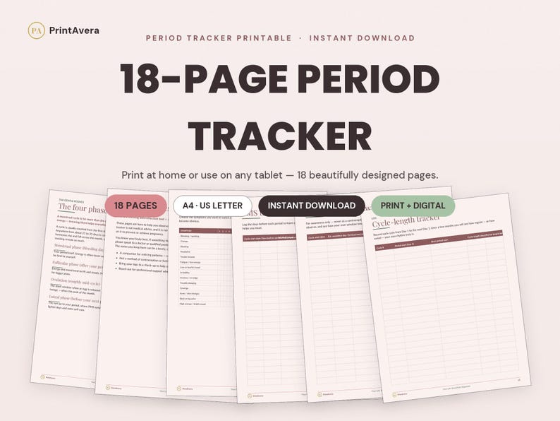 Period Tracker Printable | Cycle, Symptom, Health Log (Instant Download PDF) image 1