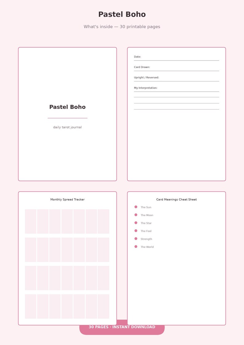 Pastel Boho Daily Tarot Journal Printable PDF, Rainbow Aesthetic Tarot Tracker, Cute Tarot Workbook Pages image 2