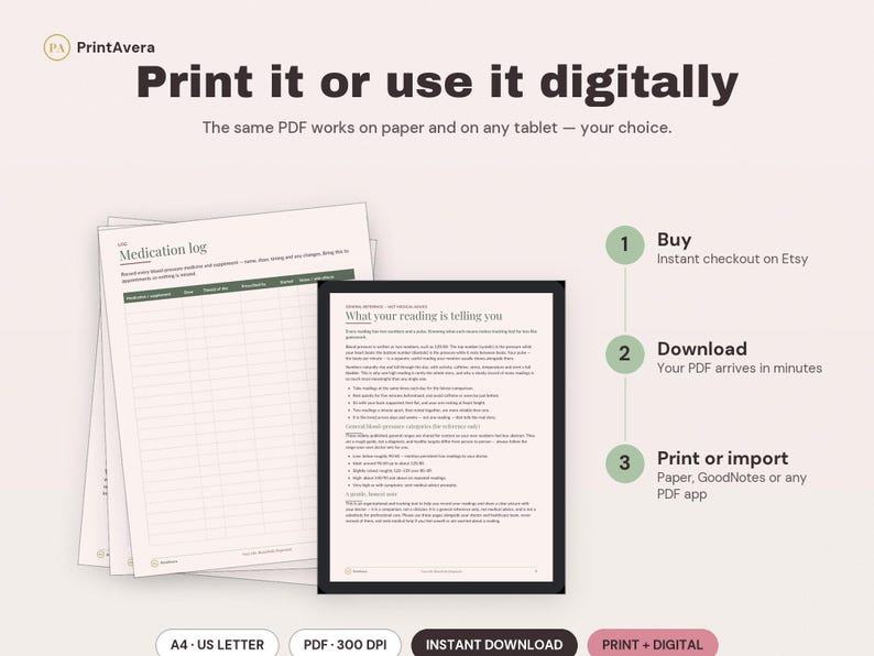 Blood Pressure Log Printable | Blood Pressure Tracker, Blood Pressure Chart, Medical Tracker, Pulse Log | A4 US Letter, Instant Download PDF image 4