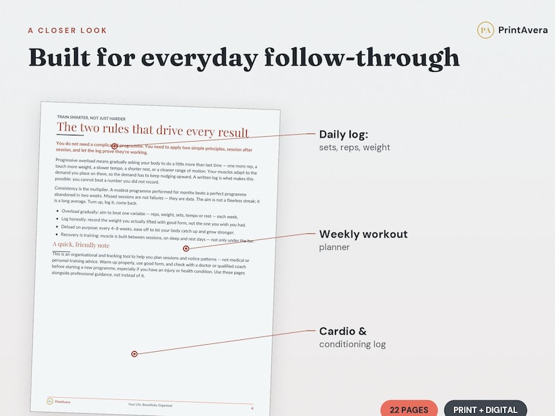 Workout Log Printable | Fitness Tracker, Strength, Cardio, Recovery (PDF Download) image 3