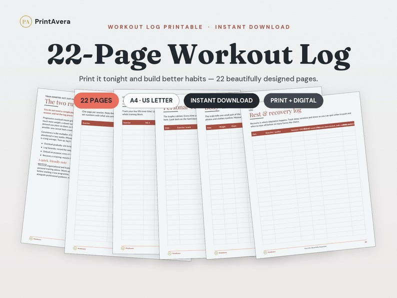 Workout Log Printable | Fitness Tracker, Strength, Cardio, Recovery (PDF Download) image 1