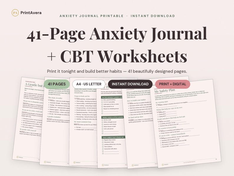 Anxiety Journal Printable | CBT Worksheets, Mental Health Workbook (PDF Download) image 1
