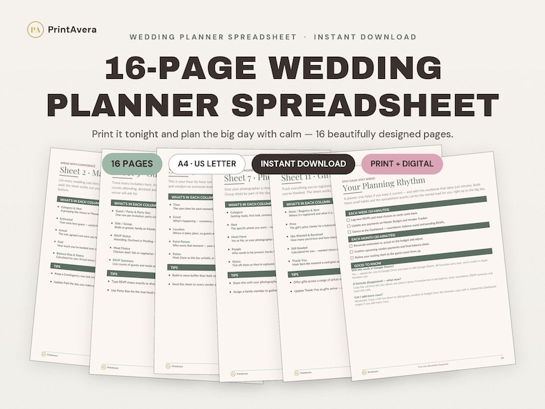 Wedding Planner Spreadsheet | Budget, Guest List, Vendors (Digital Download) image 1
