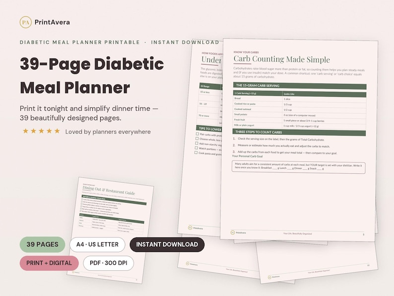 Diabetic Meal Planner Printable | Weekly Carb Counting PDF (A4 US Letter) image 1