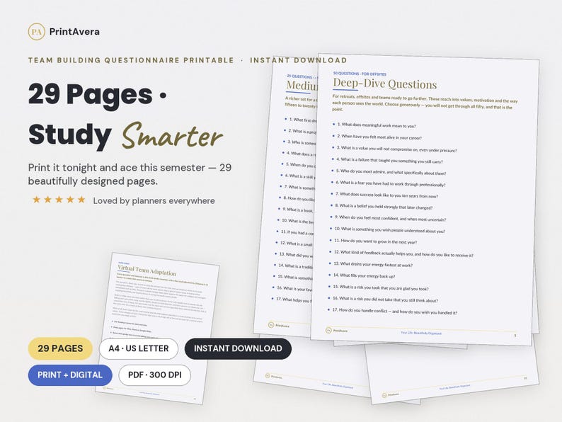 Team Building Questionnaire Printable | Icebreaker Questions, Facilitator Guide (PDF Download) image 1