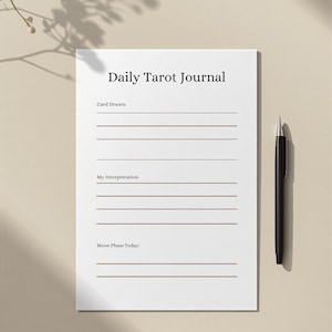 Minimalistisch dagelijks tarotdagboek (printbaar pdf), eenvoudig tarotwerkboek, spiekbriefje met kaartbetekenissen, pagina's voor het bijhouden van de maanfasen afbeelding 1