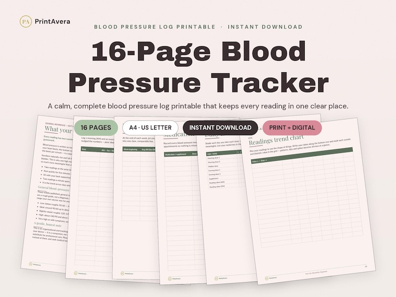 Blood Pressure Log Printable | Blood Pressure Tracker, Blood Pressure Chart, Medical Tracker, Pulse Log | A4 US Letter, Instant Download PDF image 1