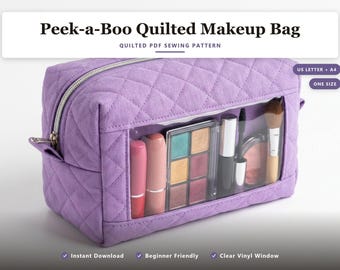 Quilted Makeup Bag PDF Sewing Pattern | Boxy Cosmetic Bag with Clear Vinyl Window | Beginner Friendly | Instant Download US Letter A4