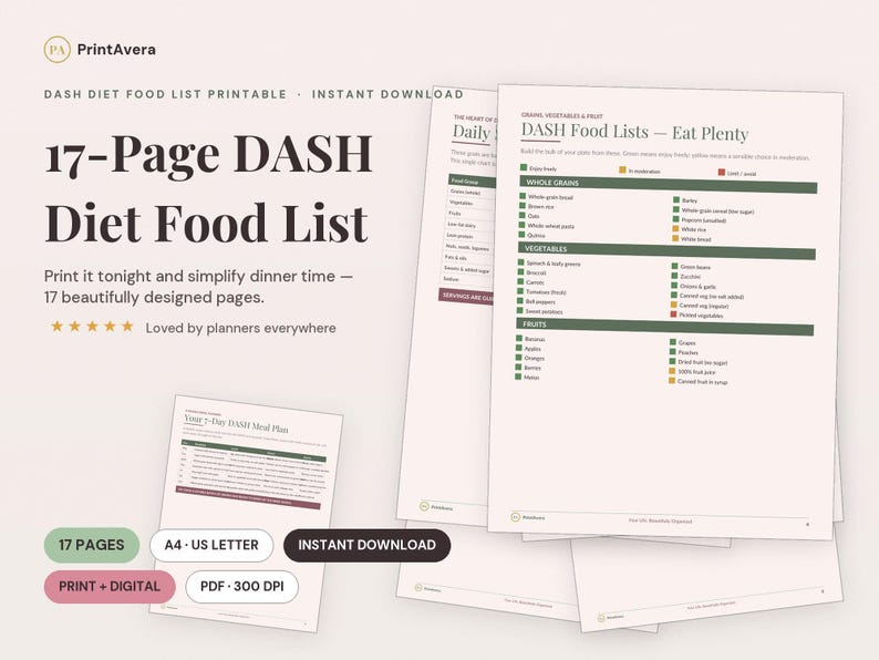 DASH Diet Food List Printable | Heart Healthy Eating Guide (Digital Download) image 1