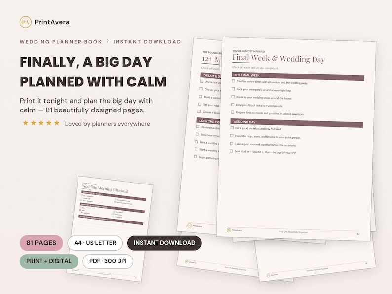 Wedding Planner Book | 81 Pages, Calm Design (Digital Download) image 1