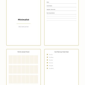 Minimalistisch dagelijks tarotdagboek (printbaar pdf), eenvoudig tarotwerkboek, spiekbriefje met kaartbetekenissen, pagina's voor het bijhouden van de maanfasen afbeelding 2