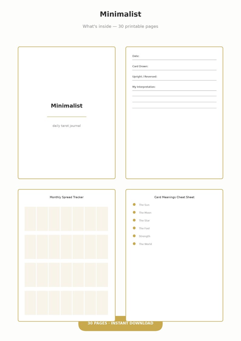 Minimalistisch dagelijks tarotdagboek (printbaar pdf), eenvoudig tarotwerkboek, spiekbriefje met kaartbetekenissen, pagina's voor het bijhouden van de maanfasen afbeelding 2