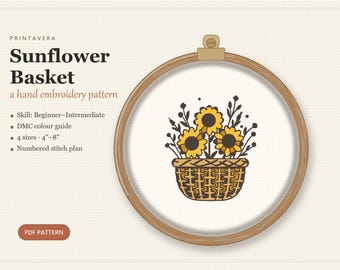 Sunflower Basket Embroidery Pattern, Cottagecore Floral Hand Stitch (PDF Download)